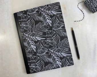 Gratitude Journal / Prayer Journal / Lined Notebook with Pockets (B&W Foliage, Coffee Theme)