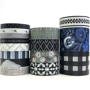 Ruban adhésif Washi de style campagnard (échantillons de 61 cm) avec des motifs d'inspiration vintage en bleu marine, sauge, gris, noir et blanc pour agendas/revues/scrapbooks