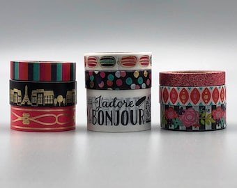 Paris Washi Tape Samples with French Phrases and Vibrant Patterns