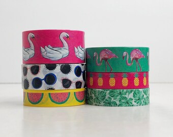 Summer Washi Tape Rolls (5 yards), Pineapples / Watermelon / Swans / Flamingos / Sunglasses / Monstera Leaves