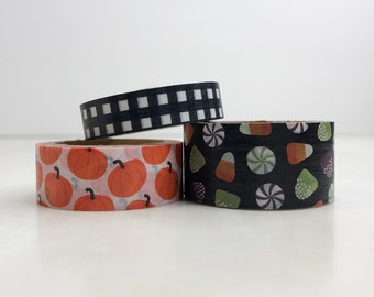 Fall Washi Tape Rolls (5 Yards), Pumpkins / Black and White Check / Halloween Candy, for Planners, Junk Journals, Scrapbooks and Card Making