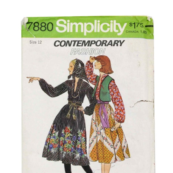 Vintage Simplicity "Contemporary Fashion" 7880 Misses Full Skirt, Long Sleeve Peasant Blouse, Vest & Scarf Sizes 10, 12, 14, 16 New Uncut