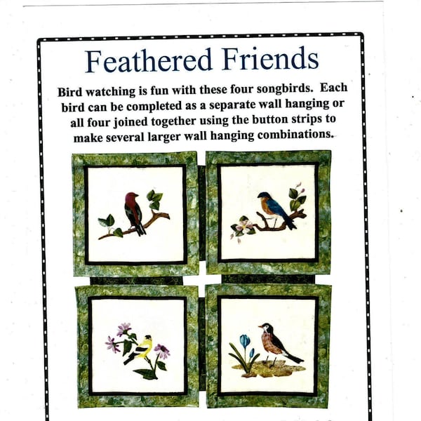 RARE Vintage Hahn Ent. "Feathered Friends" 4 Separate Songbird Applique Quilt Wall Hanging Patterns. Join Together For Larger Quilt. New