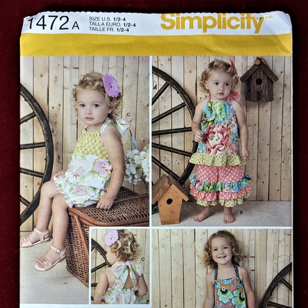 Simplicity "Sarah Rose" 1472 Toddlers' Halter Romper, Dress, Top And Ruffled Pants Multi-Size 1/2 - 4  (Plus - 18" Doll Dress Pattern) New