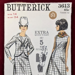以下が含まれることがあります： ヴィンテージButterickの裁縫パターン、サイズ14。格子柄の衣装を着た2人の女性のイラストが特徴です。パターンには、ジャケット、スカート、ドレスが含まれています。「Extra Quick 'n Easy」と「5 Main Pattern Pieces」と書かれています。