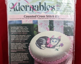 The Beadery Craft Products - Adornables Box #4963 "Pretty Kitty" Counted Cross Stitch Kit. Made In The USA. Multi-Lingual Instructions. New.