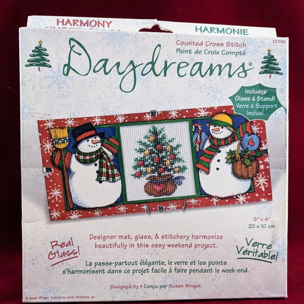 Vintage "Daydreams" (8" X 4") "Schneemänner & Weihnachtsbaum" Kreuzstich Stickpackung 72750 Harmonie unter Glas! Komplett mit Glas und Ständer Neu