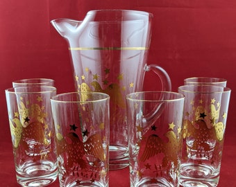 Vintage Mundgeblasenes Glas 2 QT Krug und sechs - 8 OZ Großes Glas Set alle mit 22 KT gold vergoldeten Rändern und Adler haltend Olivenzweig & Sterne