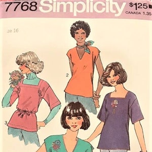 Vintage Simplicity 7768 Misses Pullover-toppar (med transfer för broderi) Fyrkantig eller V-ringning, keps eller 3/4-ärmar Storlek 10, 12, 14, 16 Ny