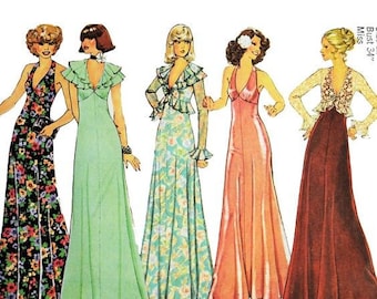 Vintage (1975) Simplicity 7229 Misses Long Halter Dress & Unlined Jacket (With Or W/O Ruffles) Three Sizes Available 8, 10, 14 And 16 Uncut