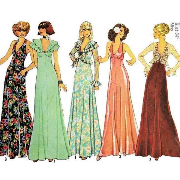 Vintage (1975) Simplicity 7229 Misses Long Halter Dress & Unlined Jacket (With Or W/O Ruffles) Three Sizes Available 8, 10, 14 And 16 Uncut