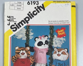 Vintage Simplicity 6193 Jungen & Mädchen "Shirt Tales" Tierkostüme. Tiger, Panda und Fuchs. Erhältlich in den Größen S (3-4) und M (5-6), fabrikneu