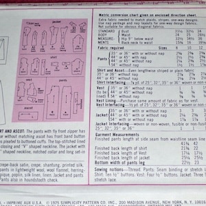 Vintage Simplicity 7214 Misses Unlined Princess Seamed Jacket, Wide Leg Fly Zipper Pants, Lined Vest, L/S Shirt & Ascot 10, 12, 14 New Uncut image 4