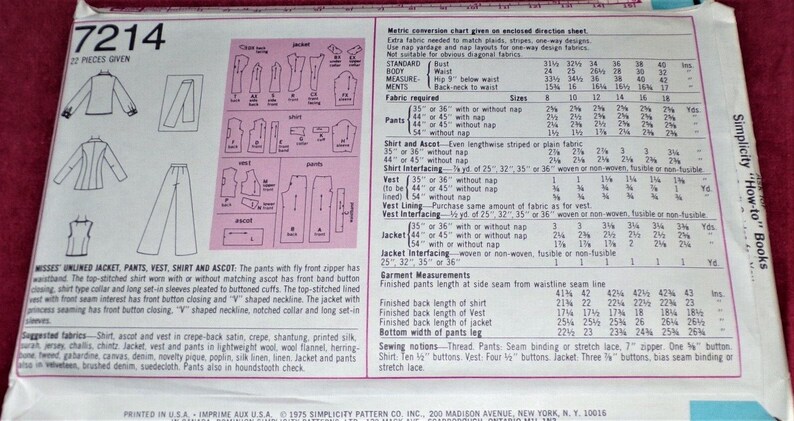 Vintage Simplicity 7214 Misses Unlined Princess Seamed Jacket, Wide Leg Fly Zipper Pants, Lined Vest, L/S Shirt & Ascot 10, 12, 14 New Uncut image 4