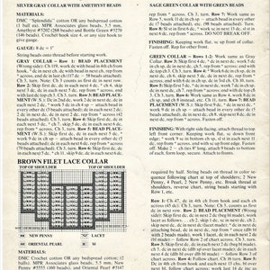 May include: Crochet pattern instructions for a collar with amethyst beads and a filet lace collar. Includes diagrams, bead placement, and finishing instructions. Gauge: 8 dc = 1 inch.