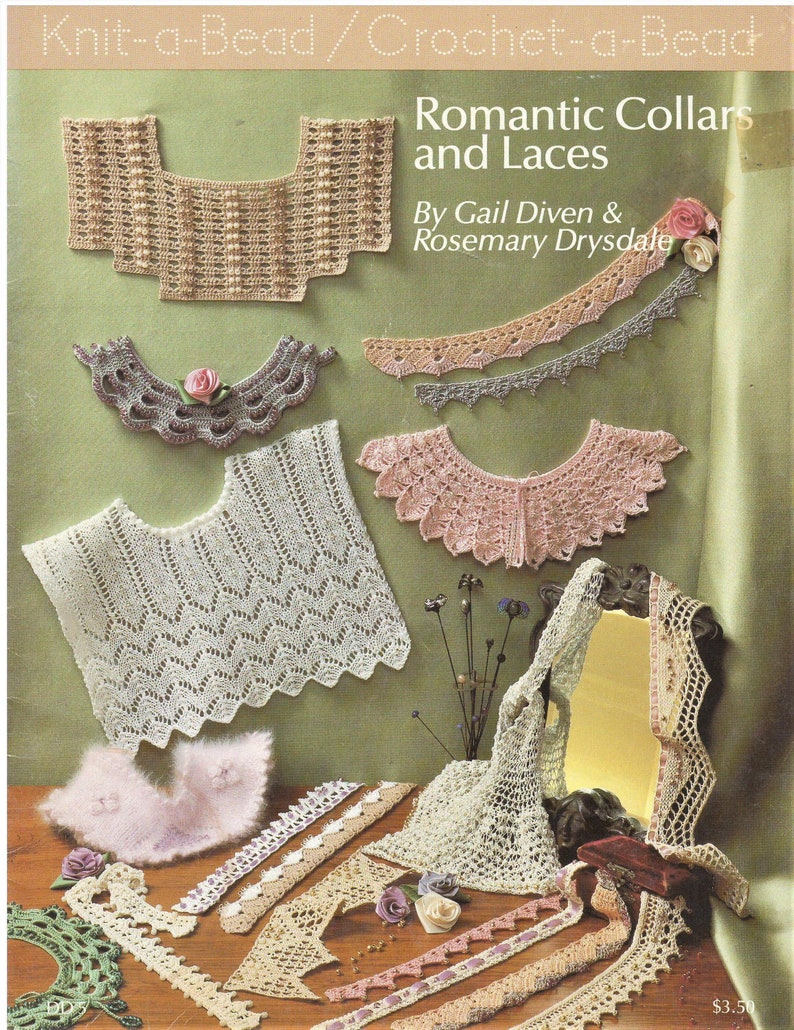 May include: A collection of handmade crochet and knit collars and laces, displayed on a wooden surface. The image features various designs in neutral colors, including white, beige, and pink, with floral accents. The text "Romantic Collars and Laces" is visible.