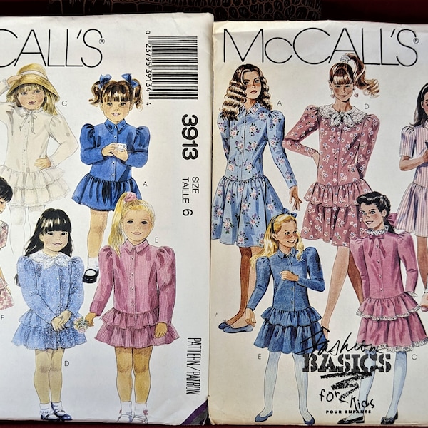 Vintage McCall's Patterns 3912 & 3913 Fashion "Basics For Kids" Girl's And Children's Front Buttoned Dress Sizes 6, 10, 12, 14 New And Uncut