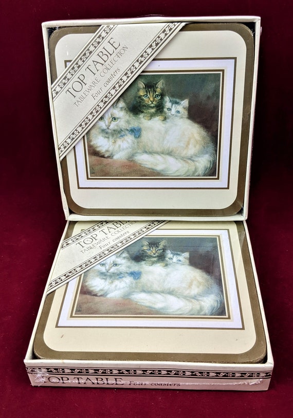 Vintage Table Top Tableware Collection Set Of 4 Coasters Printed With Fine Art "A Persian Cat And Her Kittens" By Maud D. Heaps New Sealed