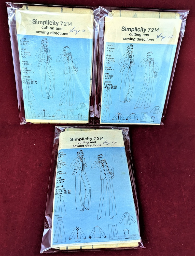 Vintage Simplicity 7214 Misses Unlined Princess Seamed Jacket, Wide Leg Fly Zipper Pants, Lined Vest, L/S Shirt & Ascot 10, 12, 14 New Uncut image 2