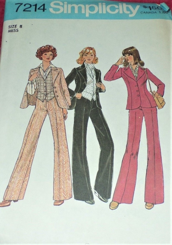 Vintage Simplicity 7214 Misses Unlined Princess Seamed Jacket, Wide Leg Fly Zipper Pants, Lined Vest, L/S Shirt & Ascot 10, 12, 14 New Uncut