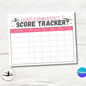 May include: A printable gymnastics score tracker with the text "LEXI'S GYMNASTICS SCORE TRACKER" in pink and black. The tracker has columns for meet name, date, vault, bars, beam, floor, and all-around score.