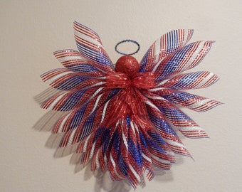 Patriotic Mesh Angel, Angel Wreath, Angel Tree Topper, Guardian Angel