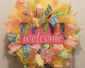 Flip Flop Welcome Wreath For Front Door, Spring Wreath, Summer Wreath