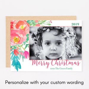 Watercolor Floral Merry Christmas Holiday Photo Card, Personalized FLAT Card PRINTED or DIGITAL