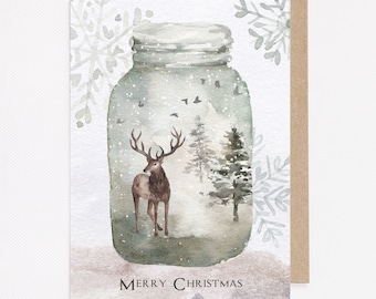 Winter Deer in Mason Jar Watercolor Christmas Card, Personalized Christmas Card with inside text PRINTED OR DIGITAL