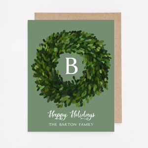 Green Wreath Christmas Card, Personalized Christmas Card Modern Style with inside text PRINTED OR DIGITAL