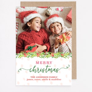 Watercolor Floral divider Christmas Holiday Photo Card, Personalized FLAT Card PRINTED or DIGITAL