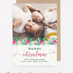 Watercolor Floral divider Christmas Holiday Photo Card, Personalized FLAT Card PRINTED or DIGITAL