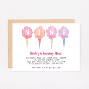 Algodón de Azúcar Noveno Cumpleaños Invitación Nueve Invitación Personalizada de Cumpleaños de Niña IMPRESO O DIGITAL