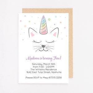 Caticorn Cat Kitten Unicorn Personalized Girl Birthday Invitation PRINTED OR DIGITAL