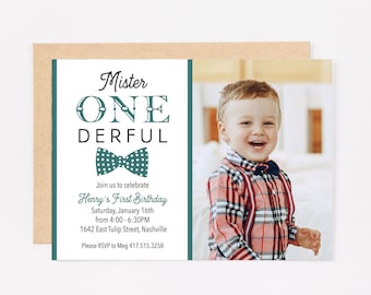 First Birthday Mr Onederful One PHOTO card Boy Personalized Birthday Invitation PRINTED or DIGITAL