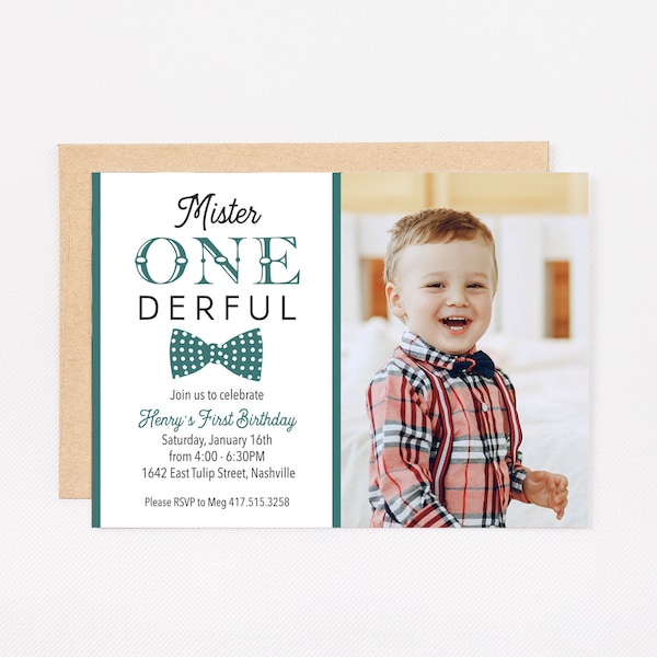 First Birthday Mr Onederful One PHOTO card Boy Personalized Birthday Invitation PRINTED or DIGITAL