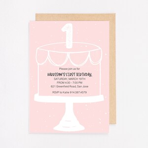 First Birthday Invitation Simple Modern Design Pink Cake Personalized Girl Birthday Invitation PRINTED OR DIGITAL