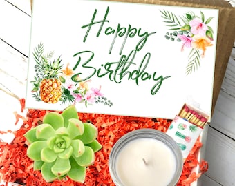 Happy Birthday Mini Succulent Gift Box, Tropical Theme Birthday Gift for her, Birthday Gift for Mom, Birthday Gift for Sister, Send a Gift