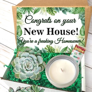 May include: A gift box with a succulent plant, a candle, and a matchbox. The box has a label that reads "Congrats on your New House! You're a freaking Homeowner!" The box also has the Plants of Paradise logo.