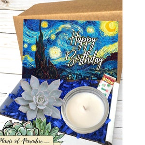 Happy Birthday Box, Birthday Gift for Artist, Starry Night Van Gogh Birthday Card, Unique birthday Gift for Her, Succulent Birthday Gift