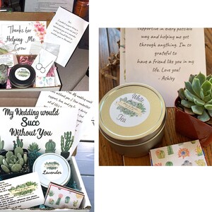 May include: Gift boxes with succulents, candles, and cards. One box says "Thanks for Helping Me Grow" and another says "My Wedding would Succ Without You." The candles are labeled "White Tea" and "Lavender."
