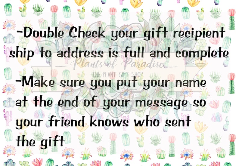 May include: A white background with a green, pink, and yellow cactus pattern. The text reads: -Double Check your gift recipient ship to address is full and complete Plants of Paradise THE PLANT GIFT SHOP -Make sure you put your name at the end of your message so your friend knows who sent the gift