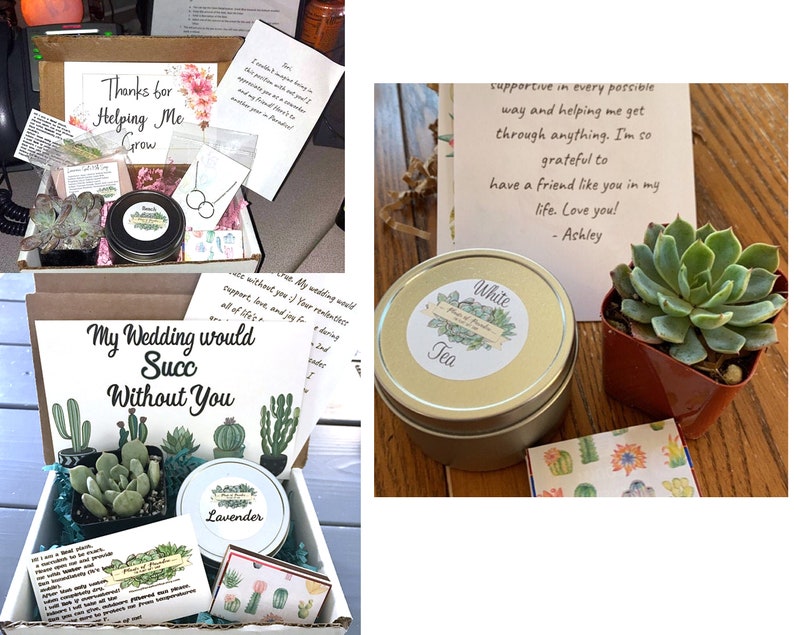 May include: Gift boxes containing succulents, candles, and cards. One box reads "Thanks for Helping Me Grow" and includes a succulent, a small silver necklace, and a candle. Another box says "My Wedding would Succ Without You" with a succulent and a lavender candle.