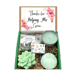 Thank you for helping me grow teacher nurse preschool director boss mentor preceptor bath and body succulent spa gift set basket gift box