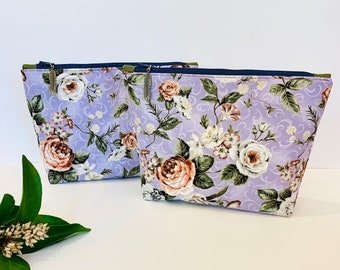 Large Floral Zipper Pouch, Lavender Cotton Cosmetic Bag