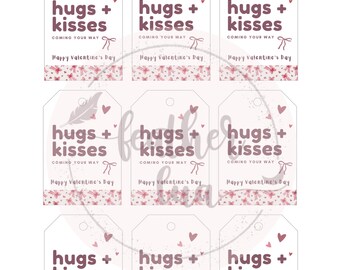 Etichetta regalo con fiocco di nastro con abbracci e baci di San Valentino, stampa digitale per progetti di artigianato e design