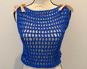 Handmade Mesh Crochet Top with Removable Ribbon Bows - Two Color Options