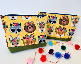 Large Zipper Pouch, Whimsical Animals, Waterproof Interior, Travel Organizer