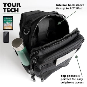May include: Black tactical sling bag with a zippered pocket on the front and a large interior compartment that can fit a 9.7 inch iPad. The bag also has a smaller pocket on the front that is ideal for a phone.