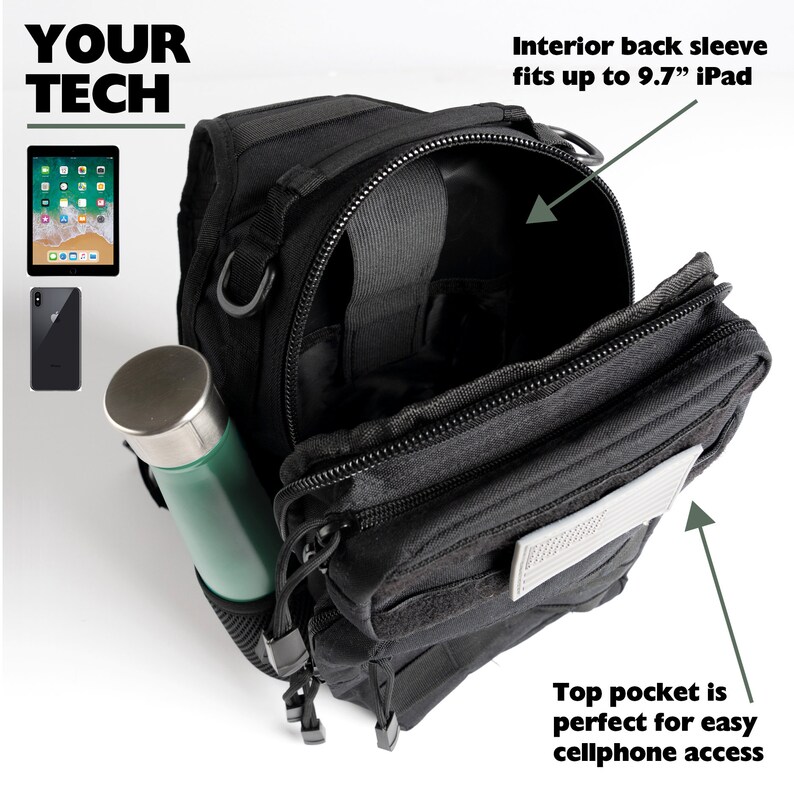 May include: Black tactical sling bag with a zippered pocket on the front and a large interior compartment that can fit a 9.7 inch iPad. The bag also has a smaller pocket on the front that is ideal for a phone.